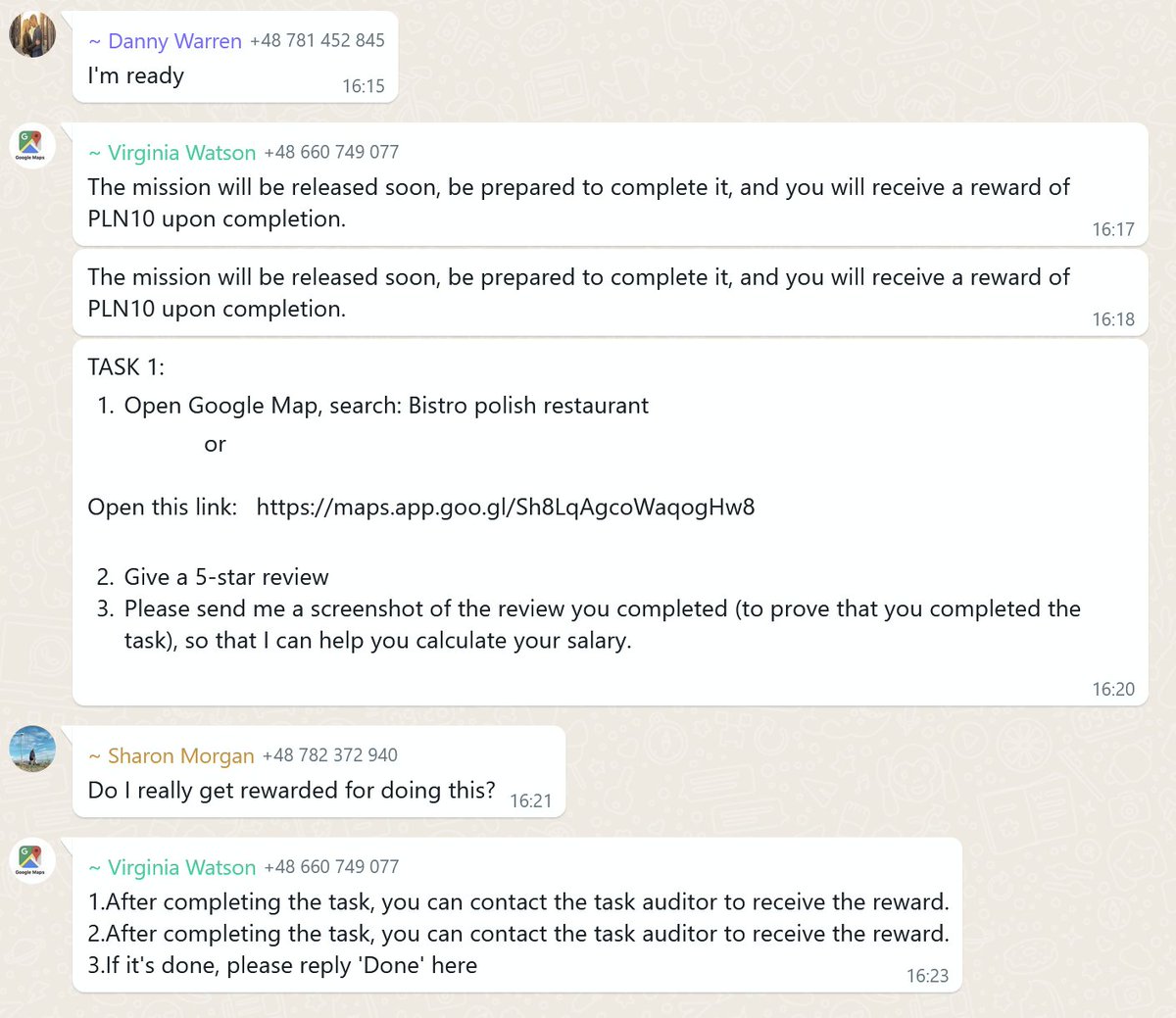 InfZakladowy's tweet photo. Zostałem dodany na Whatsappie do grupy realizującej, jak sądzę, dodawanie fałszywych pięciogwiazdkowych ocen w Google Mapsach. W opisie grupy oferują 500-1000 EUR dziennie, w tekście 500-1000 zł dziennie, pierwsze zadanie płatne 10 zł. A wszyscy tutejsi Polacy mówią po angielsku. https://t.co/a5ypnEc88n