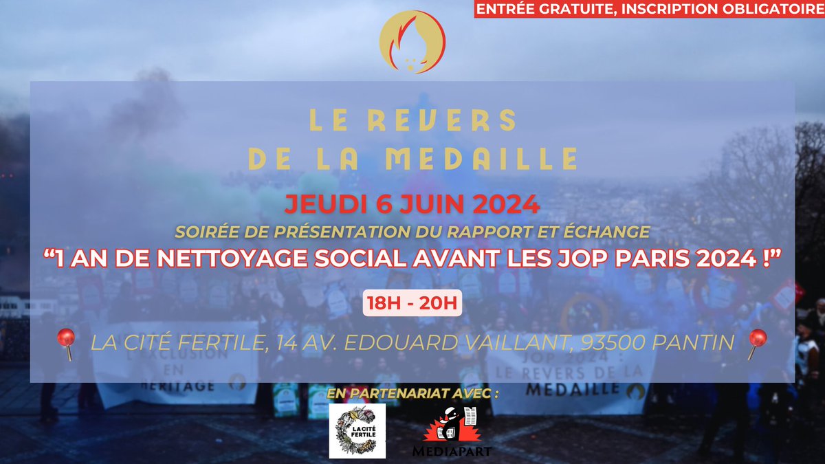 💥 1 an de #NettoyageSocial avant les #JOP2024
👉🏼  soirée de présentation et d'echanges !
🕕 jeudi 6 juin à 18h
📍 La Cité Fertile, Pantin
🙌 en partenariat avec <a href="/Mediapart/">Mediapart</a>, animé par @faizazrl et avec <a href="/Lindgaard/">Lindgaard</a> 
Entrée libre, inscription obligatoire :
helloasso.com/associations/c…