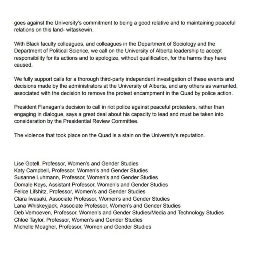 Independent Jewish Voices - Edmonton (@ijvedmonton) on Twitter photo Withering letter from Women's and Gender Studies profs: "We condemn, in the strongest possible terms, <a href="/BFlanaganUofA/">Bill Flanagan</a>'s decision to call in riot police against a group of peaceful protesters. We support the students' call for <a href="/UAlberta/">University of Alberta</a> to disclose, divest, defend, and declare." Withering letter from Women's and Gender Studies profs: "We condemn, in the strongest possible terms, <a href="/BFlanaganUofA/">Bill Flanagan</a>'s decision to call in riot police against a group of peaceful protesters. We support the students' call for <a href="/UAlberta/">University of Alberta</a> to disclose, divest, defend, and declare."