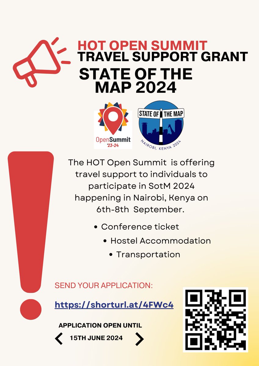 📣 Announcement: Applications are now open for the HOT Open Summit Travel Support Grant for State of the Map 2024 📣

Apply by 15 June 2024! 👇 

buff.ly/4e2IQfs
buff.ly/4e2IQfs
buff.ly/4e2IQfs

#HOTOpenSummit #StateoftheMap #StateoftheMap2024 #sotm2024