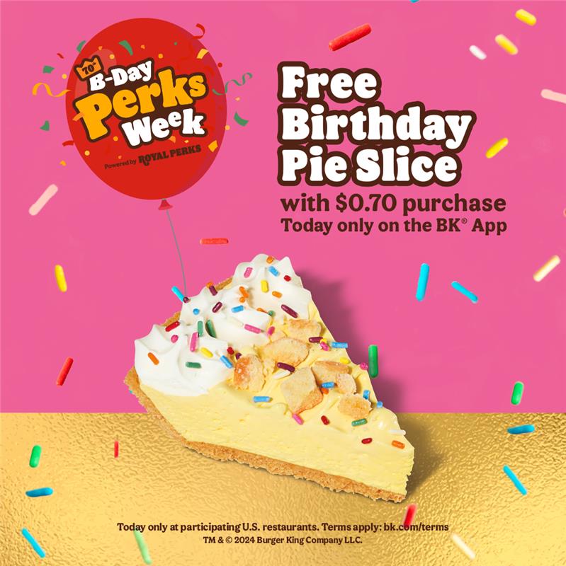 BurgerKing's tweet photo. it’s our 70th birthday TODAY! celebrate with a FREE birthday pie with $0.70+ purchase in the BK app 🥳

see terms: https://t.co/HblzQ1uRIq https://t.co/Bb9fXwn2lN