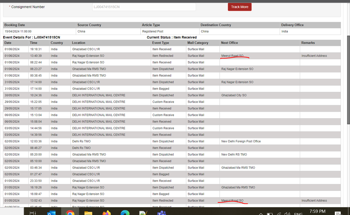 alokipec's tweet photo. @IndiaPostOffice @cpmgup My Parcel LJ004741515CN is being returned to Delhi international post hub by Saying that "Insufficient Address".  why its not reaching to Meerut road SO for delivery? why I am not recieving any call from delivery executive? who is accountable for this? https://t.co/nhMkEFYmz9