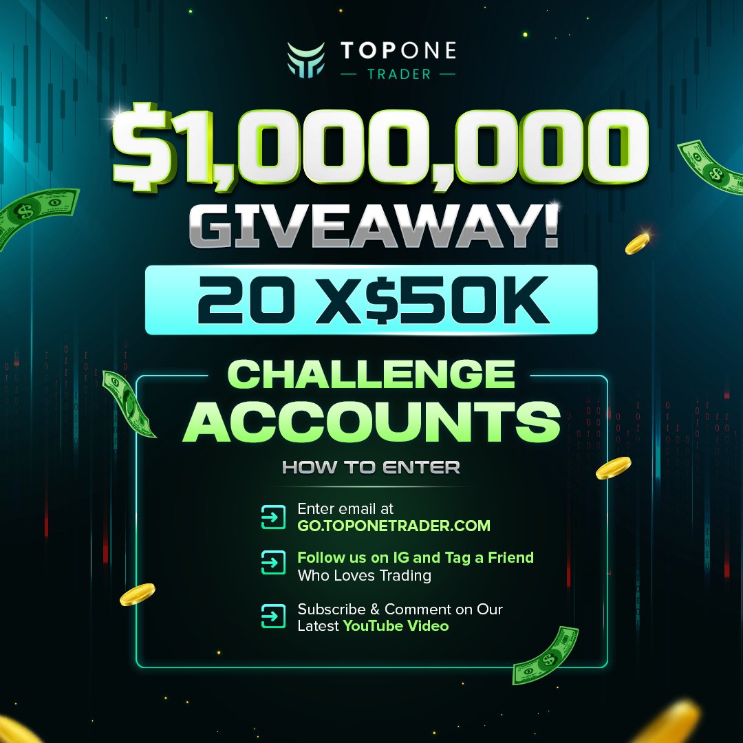 Exciting news from Top One Trader! We're thrilled to announce a $1,000,000 giveaway—twenty $50k challenge accounts up for grabs! To enter, simply email us at go.toponetrader.com,