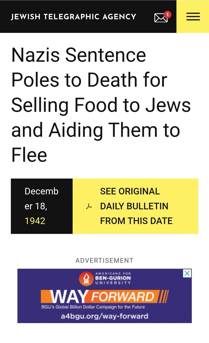 Jewish Telegraphic Agency report from December 18 , 1942. ' Poles sentenced to death by Germans for selling food to Jews and helping them to flee.'