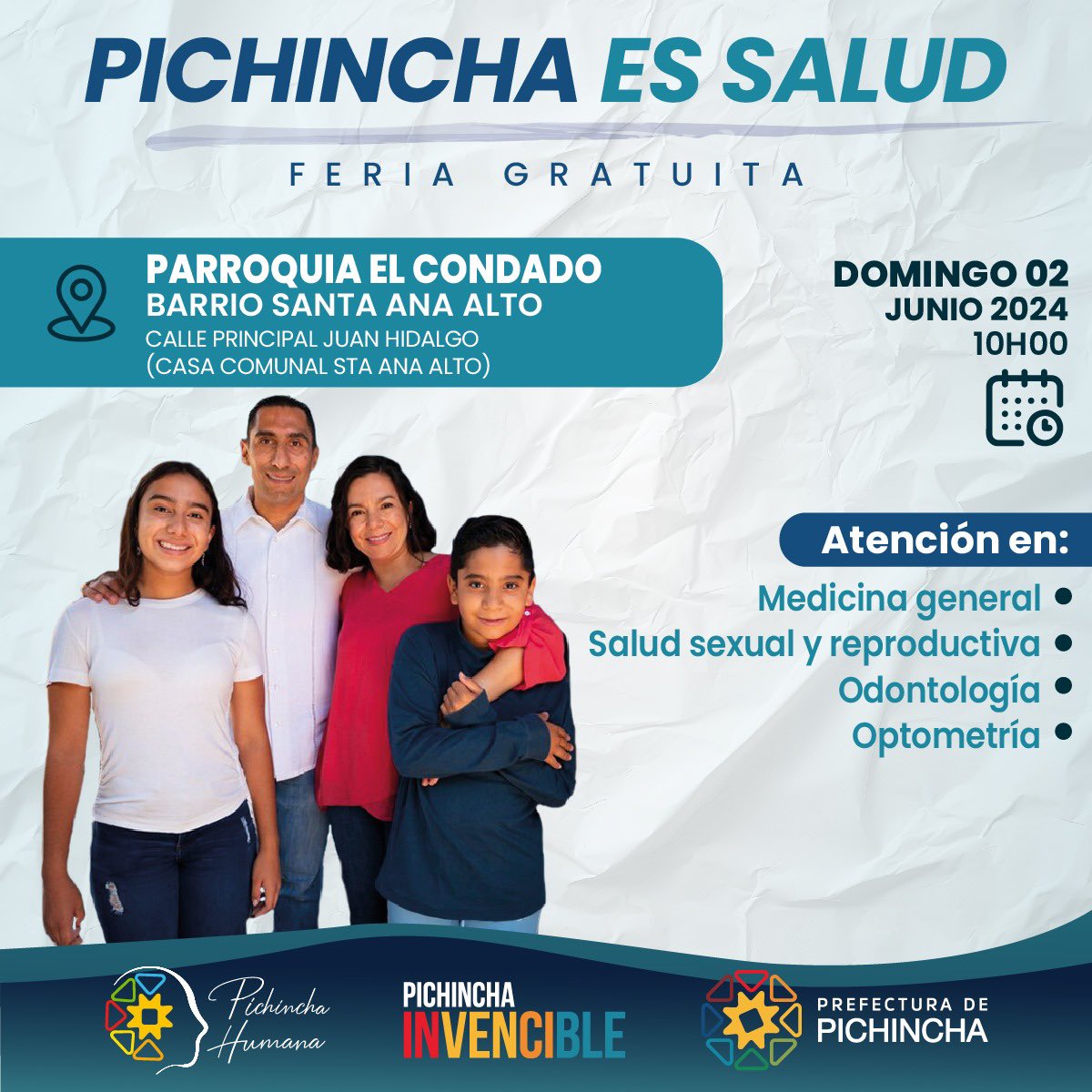 Atención familias de #ElCondado‼️ Nuestra feria #PichinchaEsSalud 👨‍⚕️👩‍⚕️ llega este 🗓️domingo 2 de junio al barrio Santa Ana Alto, desde las ⏰10h00, para que accedas a los servicios GRATUITOS de: ✅Medicina general ✅Salud sexual y reproductiva ✅Odontología ✅Optometría ¡No