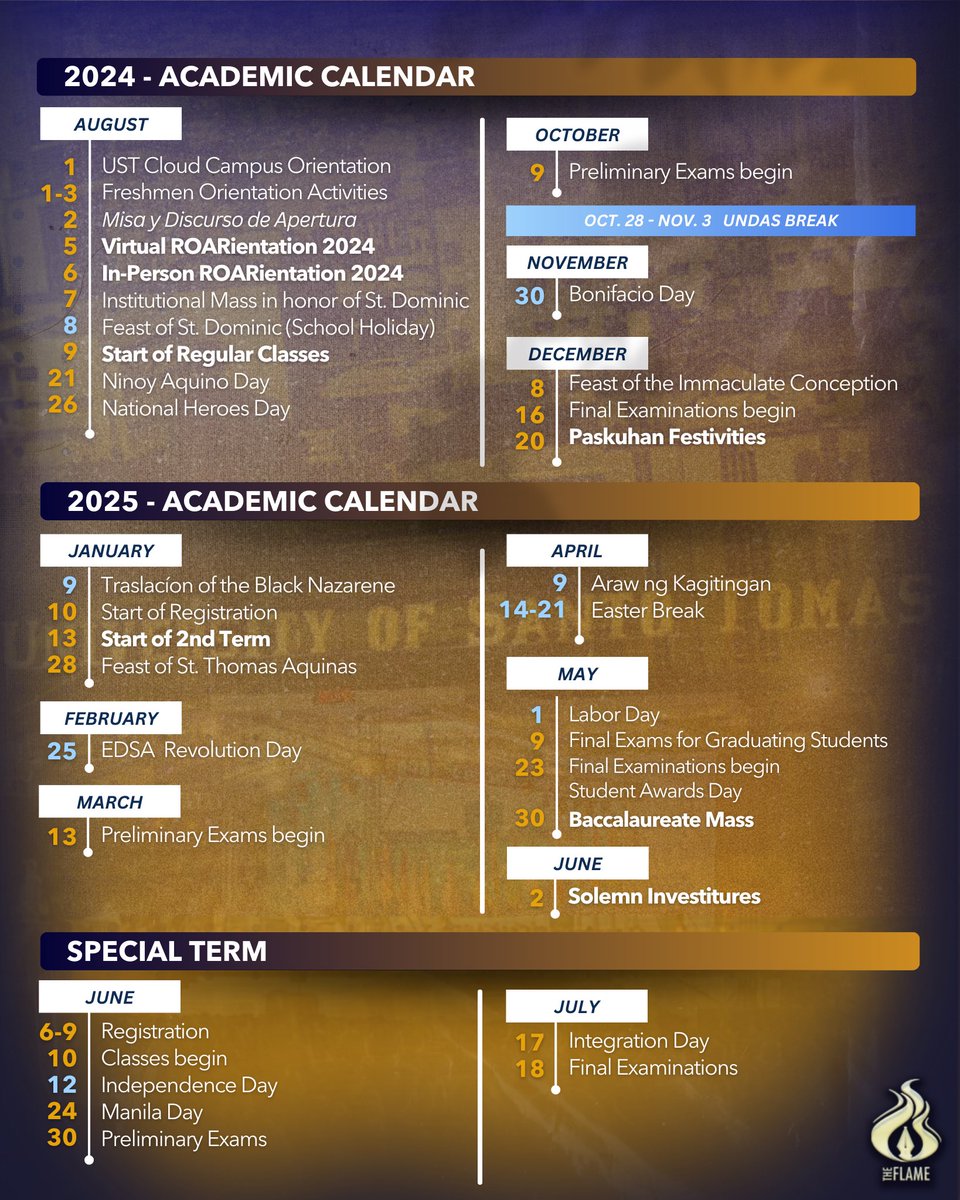 HEADS UP, THOMASIANS 🐯

Here is the calendar of activities for UST academic year 2024-2025.

Regular classes will begin on Aug. 9, with each term consisting of 104 school days.