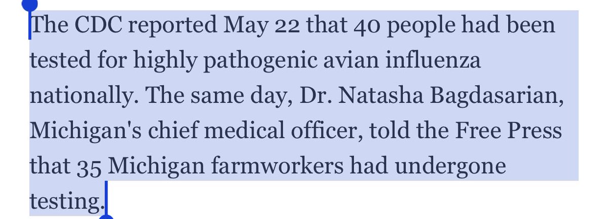 This is your uplifting #H5N1 read of the weekend — with the evidence stacking even higher that Michigan is the leader & role model in managing this outbreak. 

Remember those 40 people who the CDC said have been tested? 35 of those people are in Michigan which means/
