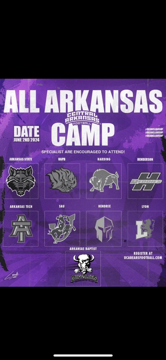 I will be attending the All Arkansas Camp tomorrow‼️ @Coach_Weisman @CoachBigHU @warren_rushton @ConnellyCoach @NathanBrownUCA @Coach_TDavis @UCA_Football