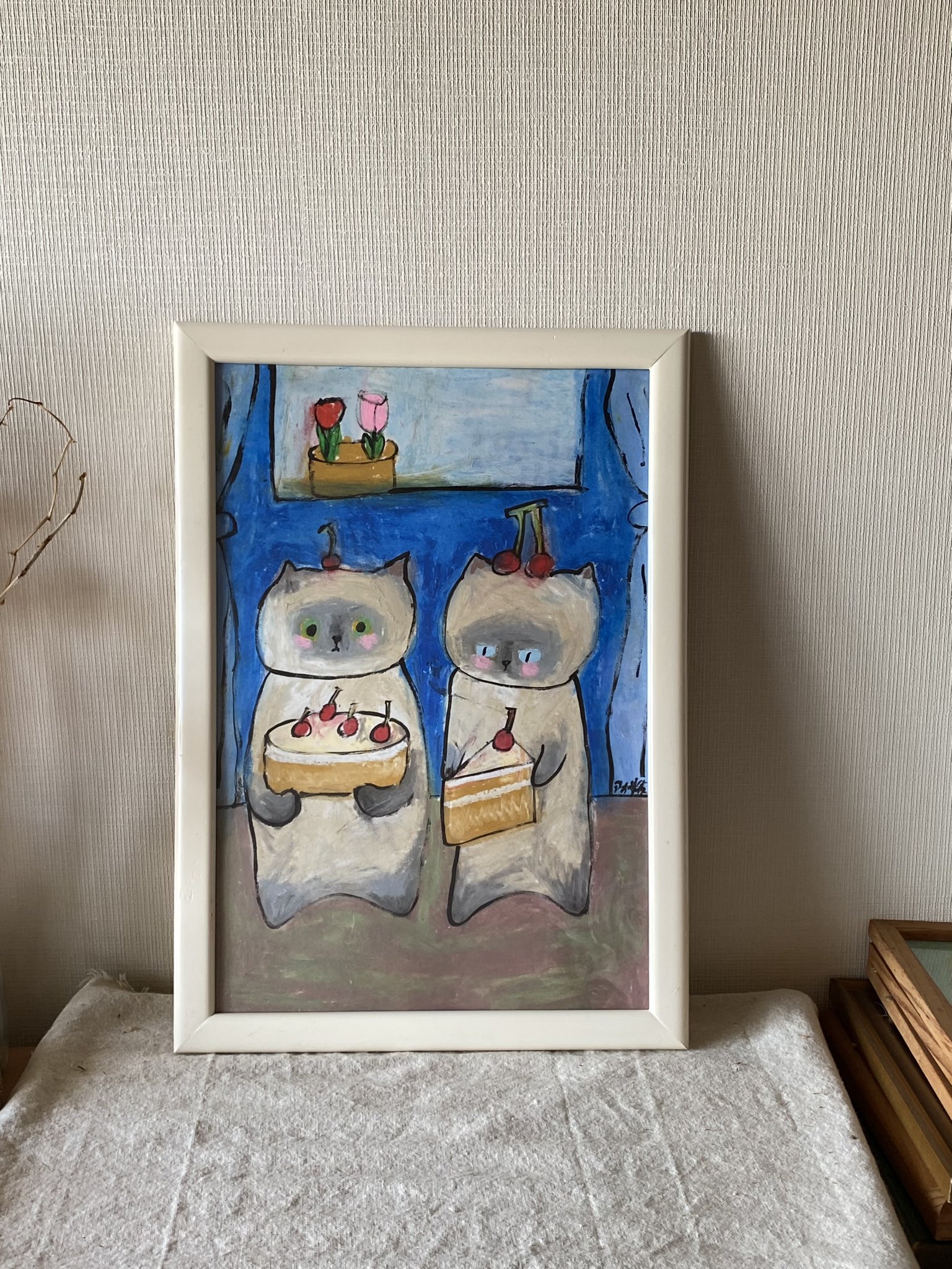 絵画。原画手描【シャム猫たちはデート記念日のためにさくらんぼケーキを用意した】 絵画。原画手描【シャム猫たちはデート記念日のためにさくらんぼケーキ