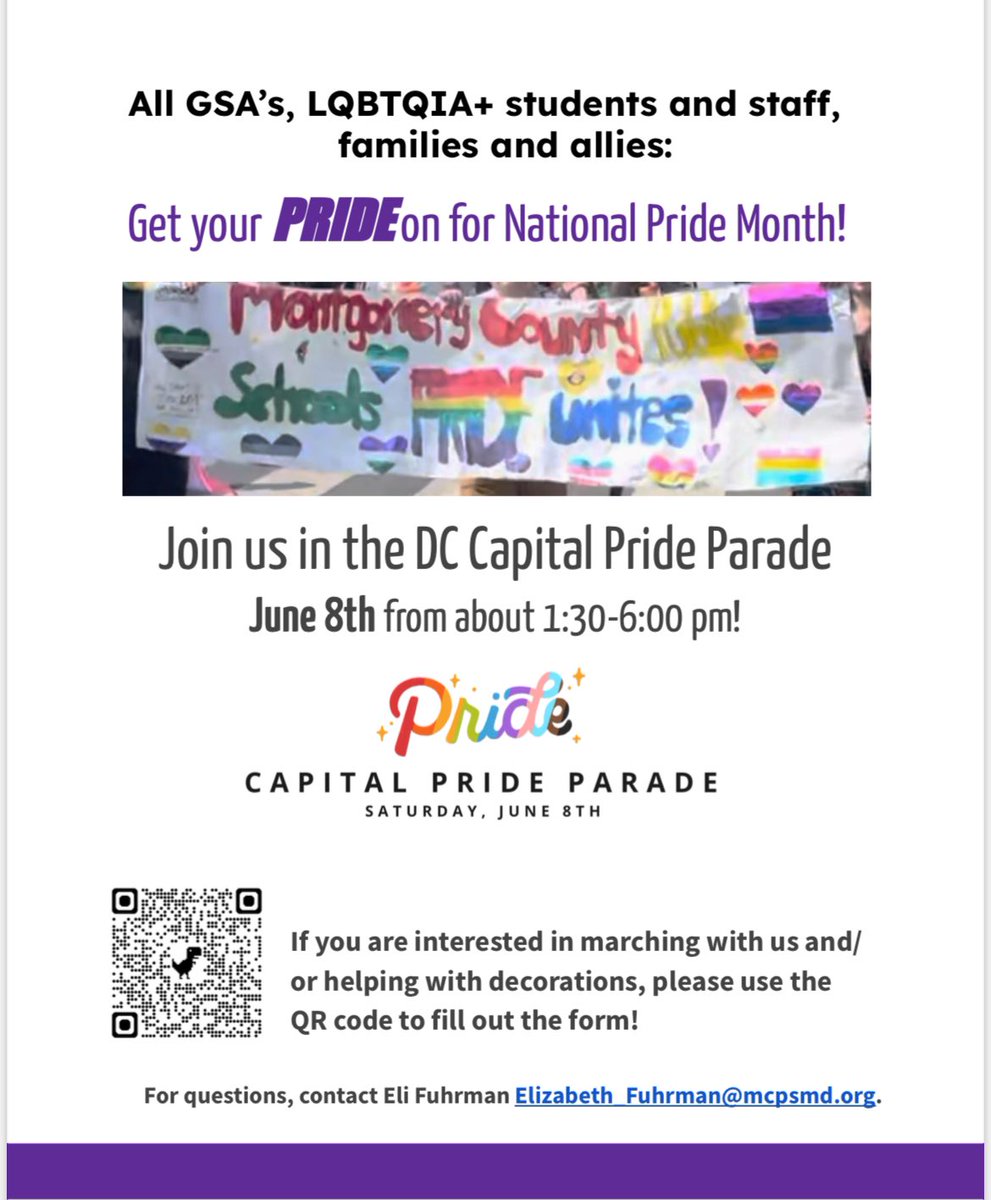 Hey, DC Pride Parade is in 1 week! Are you gonna join &amp; bring “Montgomery County pride”? Come march with us; we need more folx! Contact Mx Fuhrman/fill out this form. <a href="/mcps_lgbtq/">LGBTQ in MoCo</a> <a href="/MoCoPrideCenter/">MoCoPrideCenter</a> <a href="/rm_sga/">RM SGA</a> <a href="/mcpsequityteam/">Equity Team</a> <a href="/RMHS_principal/">Alicia Deeny</a> <a href="/CapitalPrideDC/">Capital Pride</a> <a href="/clarksburg_gsa/">Clarksburg GSA</a> #mocopride