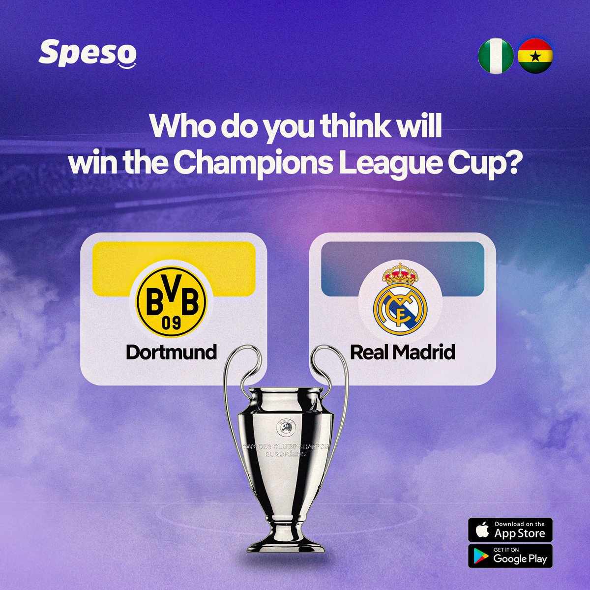 spesohq's tweet photo. Two teams, one dream.

 Who will lift the trophy tonight? 🏆🔥 #UEFAFinals  #GameOn #SoccerPassion #speso #DSTV #MobileBankingApp https://t.co/MnkofEbIuu