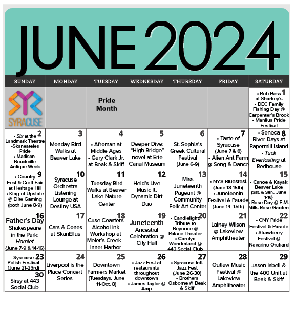 🌞 Jump into June! 🌟 Discover daily fun activities for every day of the month in Syracuse, New York. Stay inspired, stay active, and make the most of summer in Onondaga County! 
What event are you most looking forward to? 👇 #VisitSyr