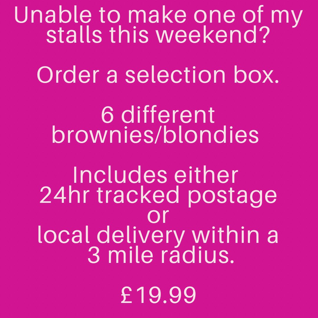 alwaystimefora's tweet image. If you couldn’t make it to my stall today and cannot make it tomorrow, DM me and order yourself a selection box. #selectionbox #blondies #brownies #homemadebrownies #homemadeblondies #tastytreats #homemade #homebaking #browniesbypost #blondiesbypost #postalbrownies #localdelivery