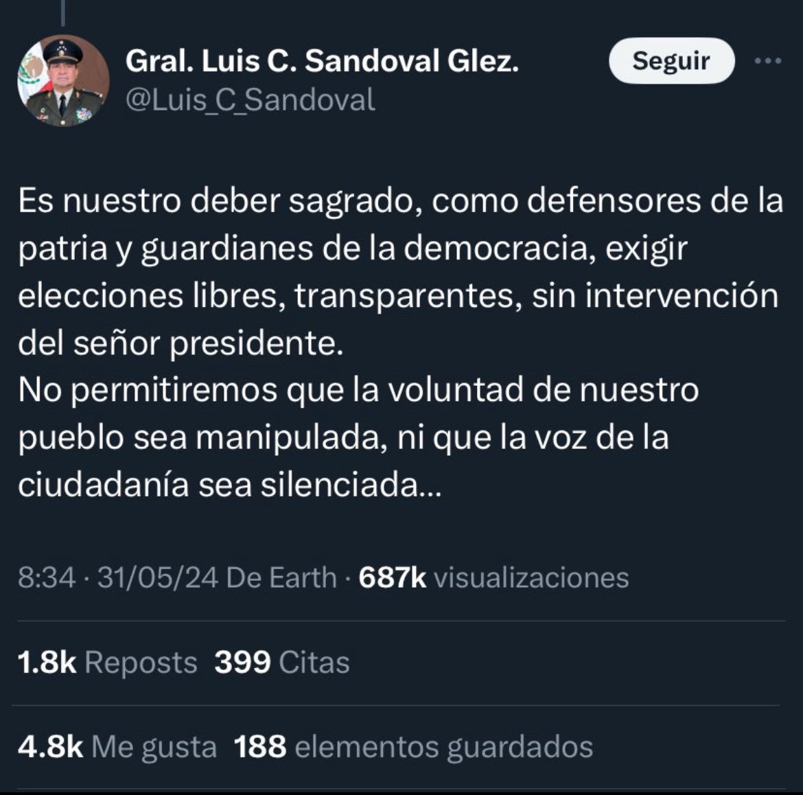 MaElenaMorera's tweet photo. Estimado S. Luis Cresencio Sandoval, miles de mexicanos queremos que usted se pronuncie sobre ¿cuál será el papel de @SEDENAmx mañana 2 de junio durante la jornada electoral?

Ante la polarización que vivimos y ante la peligrosa intromisión del crimen organizado durante este proceso electoral, lo menos importante es si la hackearon o si era apócrifa la cuenta @Luis_C_Sandoval; lo importante no fue  aclarado en la respuesta de @SEDENAmx.

La Institución señaló que son  “comentarios que no reflejan la postura institucional”, pero no explica lo importante:

¿Está usted y la institución que representa del lado de los mexicanos y de la Constitución en esta elección?
¿Cuál es la postura institucional?

Gracias