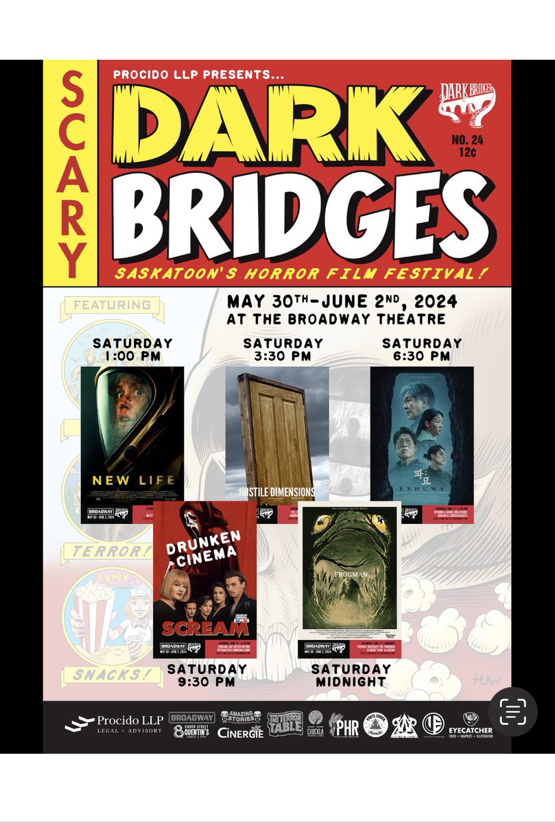 Day 3 and it is stacked!
1: New Life
3:30: Hostile Dimensions
6:30: Exhuma
9:30: Scream (Drunken Cinema)
Midnight: Frogman
See you at <a href="/bwaytheatre/">Broadway Theatre</a> 
More info at darkbridges.com