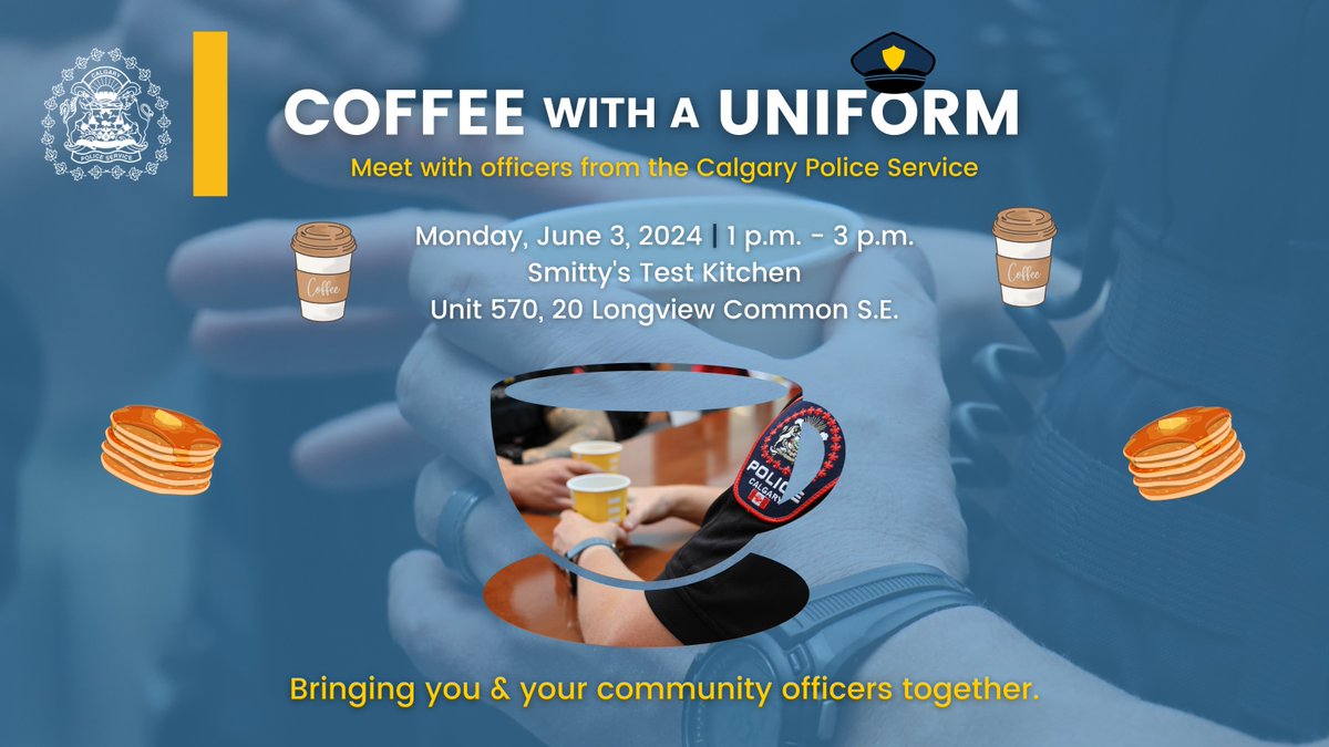 🥞 On Monday, June 3, 2024, one of our CROs is hosting #CoffeeWithAUniform at the Smitty’s Test Kitchen, located at 20 Longview Common S.E. This event is an opportunity for residents to get to know their CRO, discuss crime prevention & to learn more about the application process.