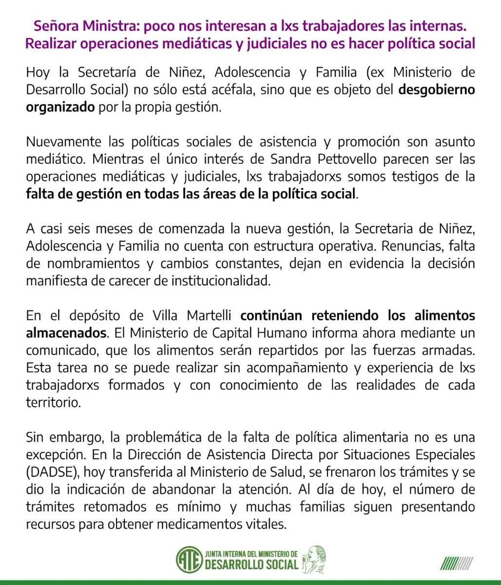 ATEmds's tweet image. Señora Ministra: poco nos interesan a lxs trabajadorxs las internas. Realizar operaciones mediáticas y judiciales no es hacer política social