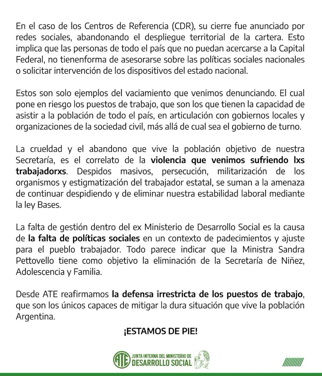 ATEmds's tweet image. Señora Ministra: poco nos interesan a lxs trabajadorxs las internas. Realizar operaciones mediáticas y judiciales no es hacer política social