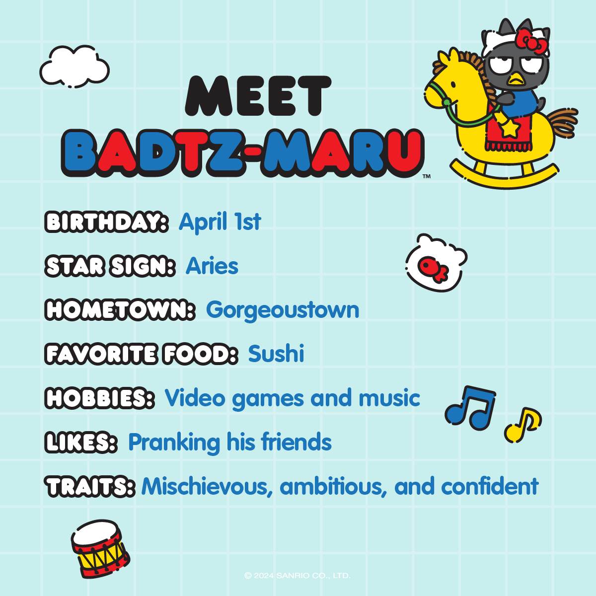 sanrio's tweet photo. Happy June 🖤 Badtz-maru is our Friend of the Month and he's ready to celebrate @HelloKitty's 50th Anniversary! Here are some fun facts about our favorite mischievious penguin 🐧 #HelloKitty50th https://t.co/iSb2sitSg7