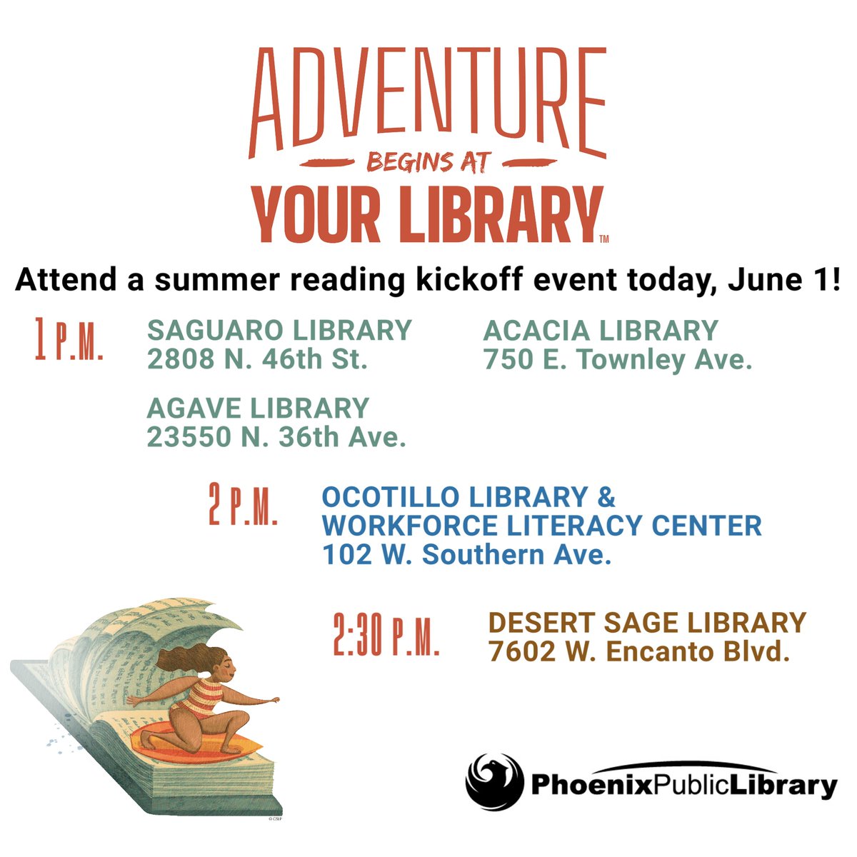 PhxLibrary's tweet image. Kick off summer reading! ☀️📚 See you at the library today! #AdventureBeginsAtYourLibrary #SummerReading #JustReadPPL