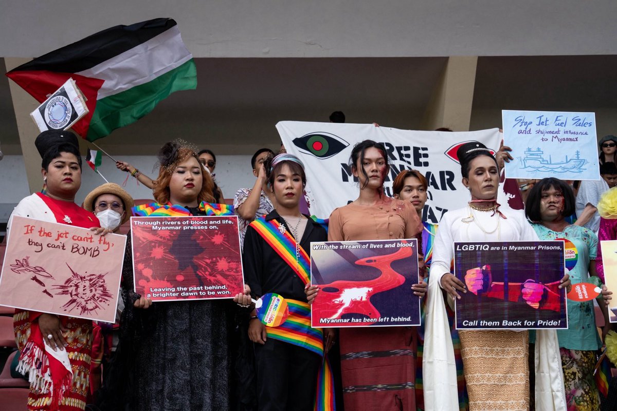 Pride is inherently political—-Thailand’s queer community highlights Myanmar and Palestine during today’s Bangkok Pride parade while calling for boycotts and ceasefire. 🧵