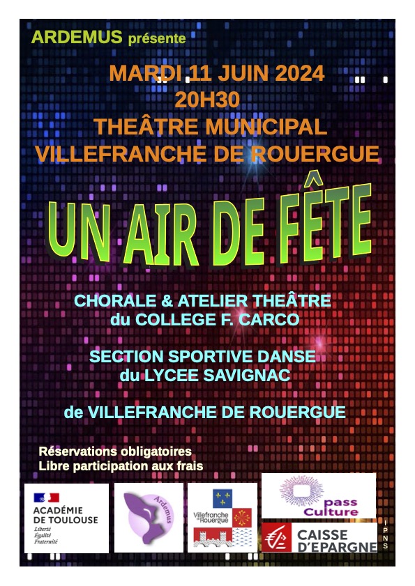 <a href="/AArdemus/">Association A.R.D.E.MU.S</a> « s’enjaille » dans l’Aveyron ce soir pour « Un air de fête » au Théâtre municipal deVillefranche de Rouergue, Collège Carco et Lycée Savignac de Villefranche de Rouergue #MusiqueToulouse <a href="/DAACToulouse/">DAAC Toulouse</a>