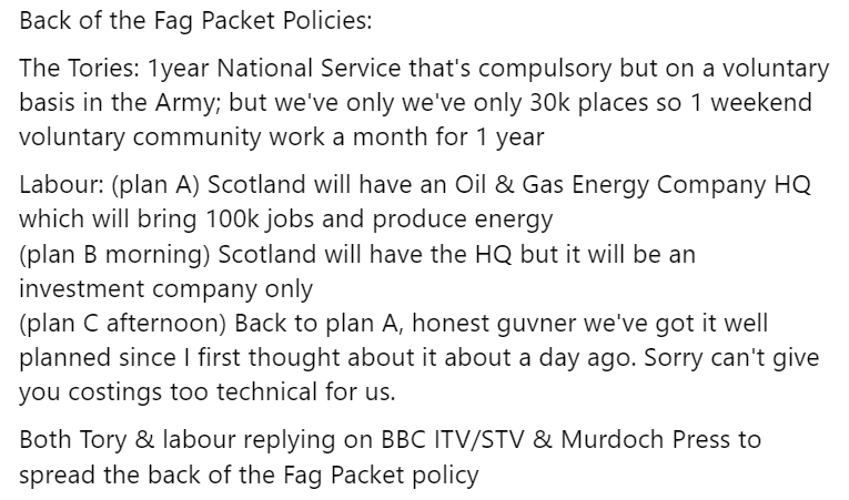 Back of the Fag Packet Policies by the Tories & Labour 

Who's for dumping this union?

#IndyRef2 #ScottishIndependenceASAP #Scotland #Scottish