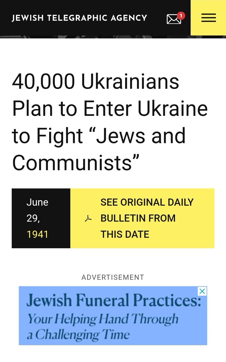 Jewish Telegraphic Agency report from June 29 , 1941. 40'000 members of the organization of Ukrainian nationalists living in Germany and Slovakia coming back to Ukraine to fight Jews and Communists . 🫠