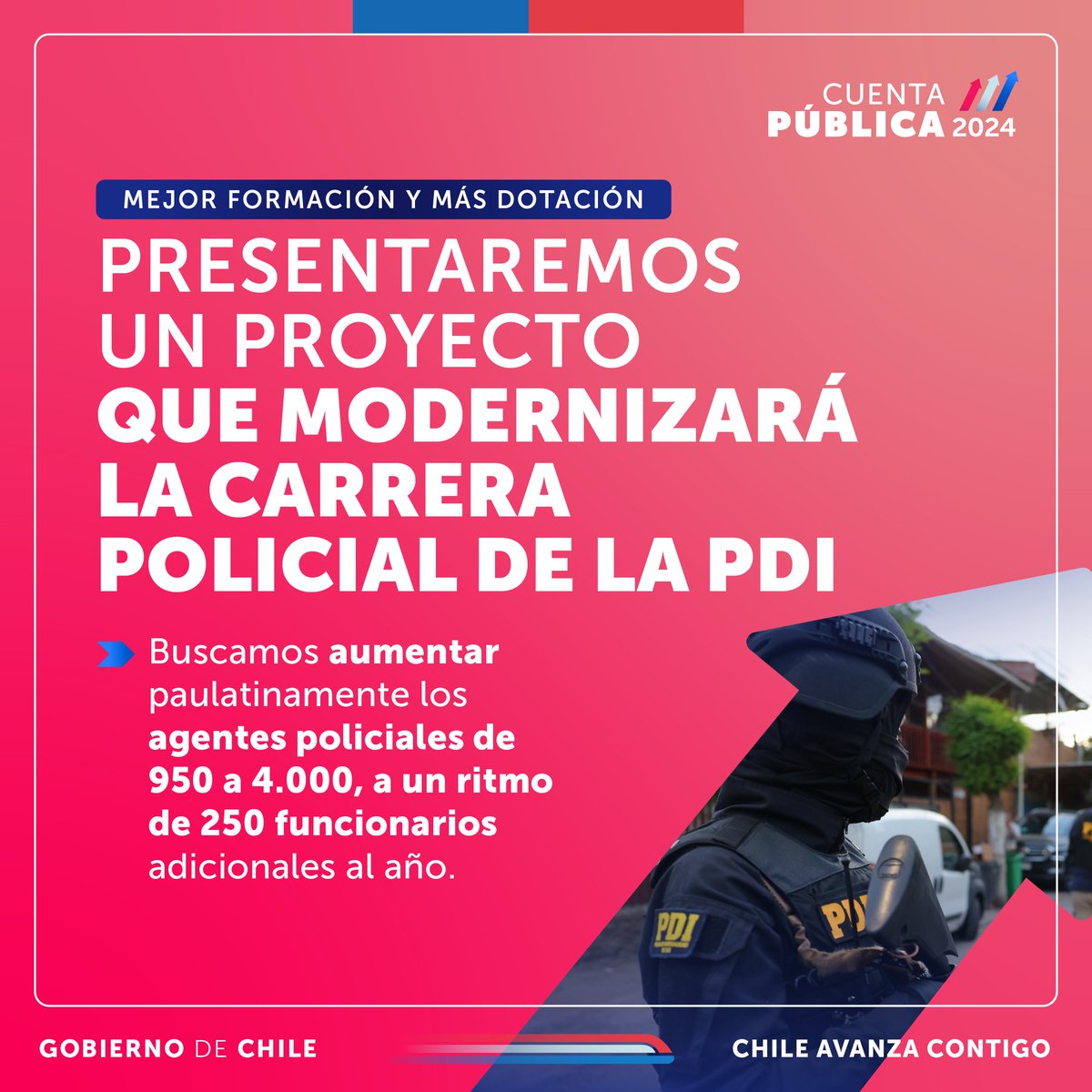 #CuentaPública2024 | Más policías implica #MásSeguridad para nuestro país 🇨🇱 Es por esto que buscamos aumentar la dotación de la <a href="/PDI_CHILE/">PDI Chile</a> con un proyecto que busca moderniza la carrera policial.

Conoce cómo #ChileAvanzaContigo en 📲cuentapublica2024.cl 🇨🇱