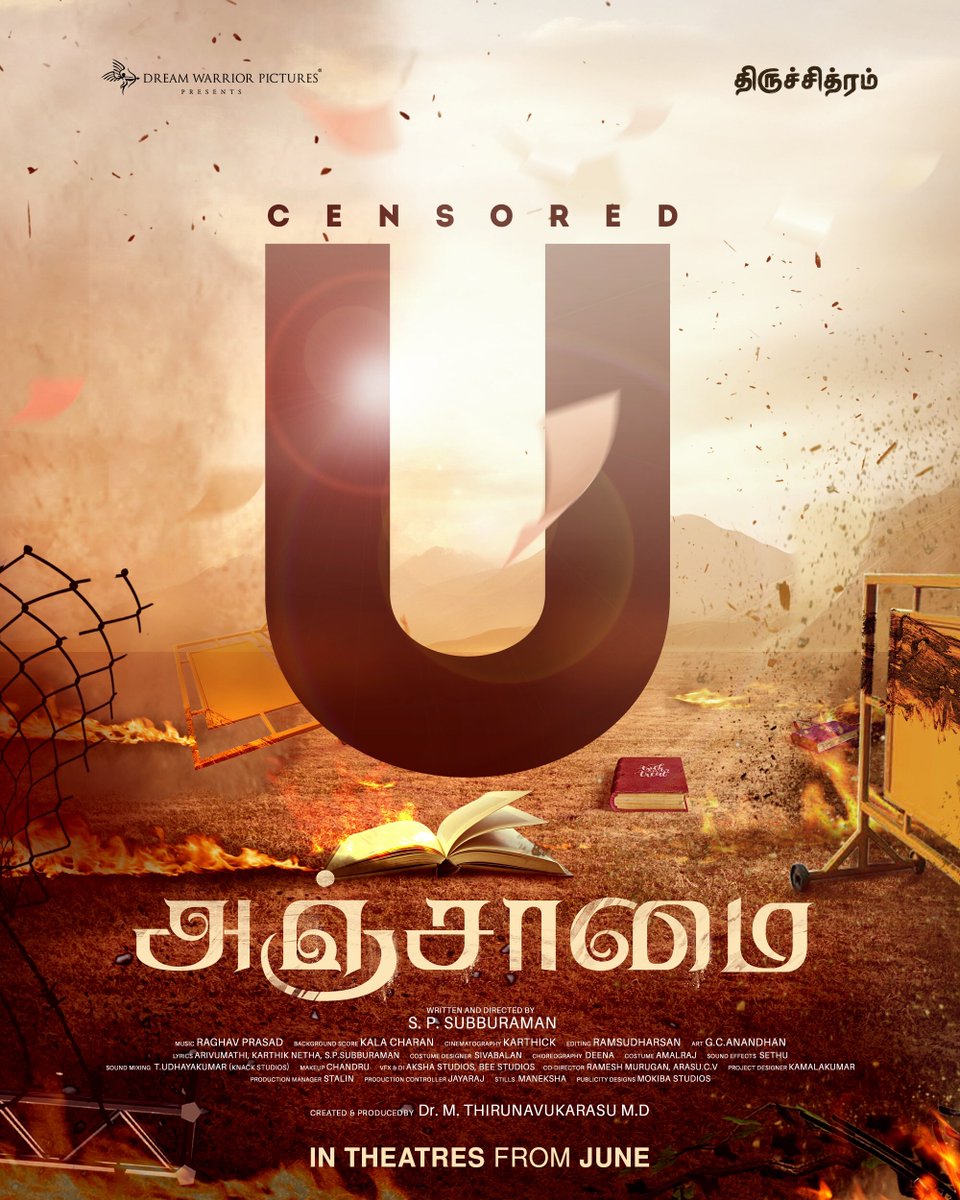 DreamWarriorpic's tweet photo. #Anjaamai Censored ‘U’. A film for all ages that promises to inspire and entertain this june in cinemas. 

#அஞ்சாமை 

@vidaarth_actor @vanibhojanoffl @actorrahman @SubbuRa31342936 @karthick_p_dop #RaghavPrasad @kala_charan @ramsudharsan30 @mokibastudios @prabhu_sr

#AnjaamaiFromJune