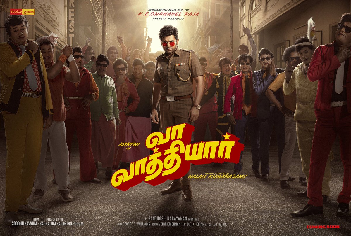 StudioGreen2's tweet photo. Excited to unveil the first look of #Karthi26, titled #VaaVaathiyaar 🔥

A #NalanKumarasamy Entertainer 🎉 
A @Music_Santhosh Musical 

#HBDKarthi 
#VaaVaathiyaarFirstLook
#வாவாத்தியார்

#StudioGreen @GnanavelrajaKe @Karthi_Offl @IamKrithiShetty #Rajkiran #Sathyaraj @GMSundar_ @george_dop @VetreKrishnan @KiranDrk #ANLArasu @tuneyjohn @NehaGnanavel @Dhananjayang @agrajaofficial @proyuvraaj @digitallynow