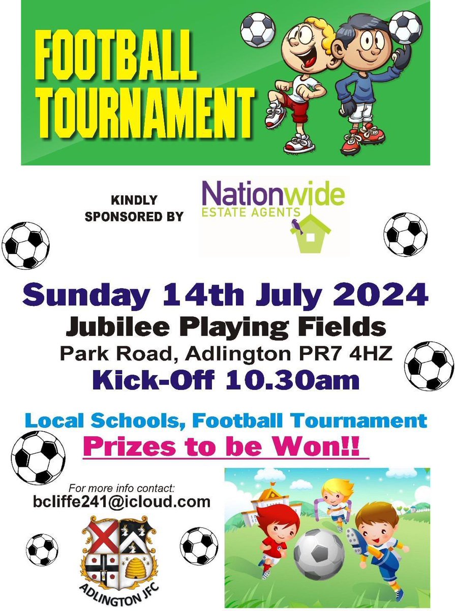 Adlington JFC's annual Carnival Football Tournament will be taking part Sunday 14th July! 
For more info & to enter email bcliffe241@icloud.com

#footballtournament #adlingtoncarnival #adlingtonfootballclub