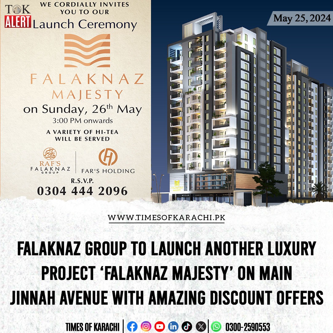 Falaknaz Group is launching yet another luxury project on Main Jinnah Avenue by the name of Falaknaz Majesty on Sunday, May 26, 2024. Be there to avail amazing discount offers, enjoy the fun-filled activities with your family and a variety of hi-tea at the project site.