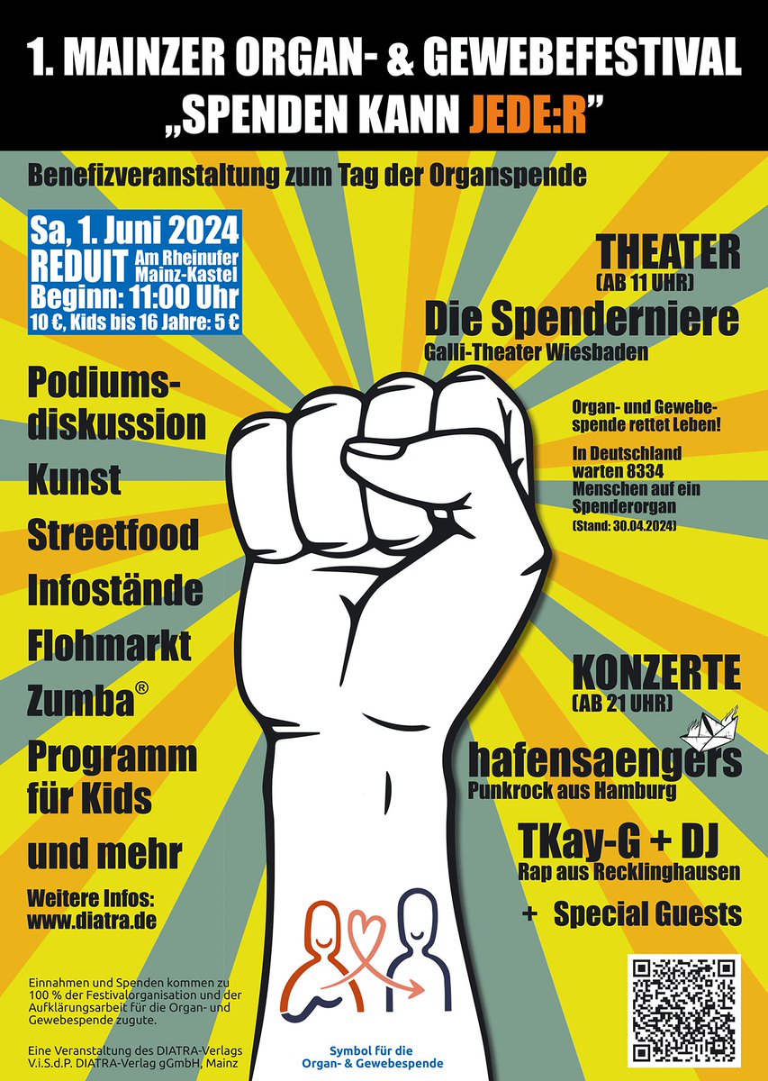 DiatraVerlag's tweet photo. Noch eine Woche! Das "1. Mainzer Organ-  Gewebefestival" am 1. Juni in der Reduit in Mainz-Kastel. Shake your organs &amp; think about donation. Weitere Infos unter https://t.co/y84cV9ubzT
#tagderorganspende #organspende #gewebespende https://t.co/LLBU6t4frC