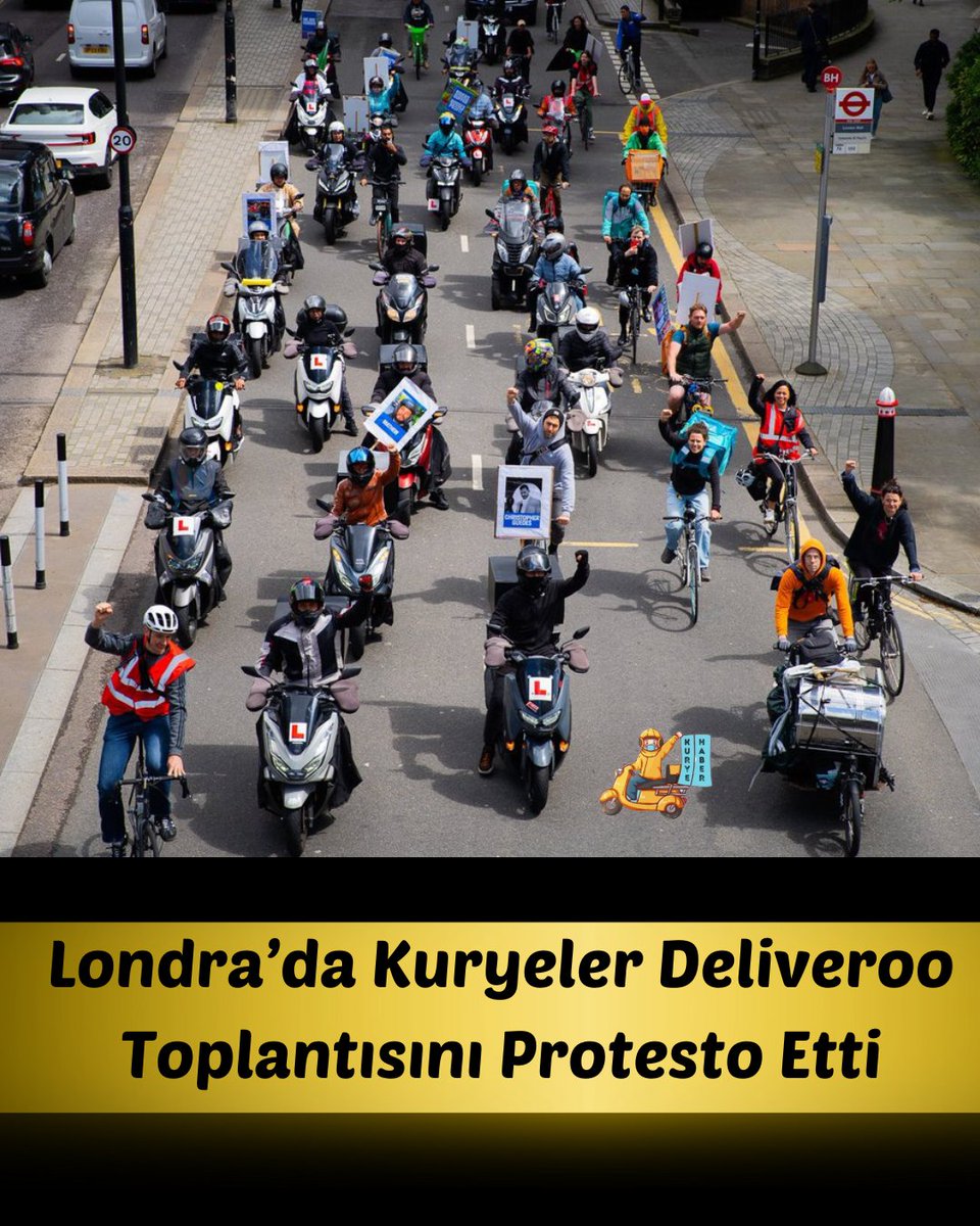 Kuryeler Deliveroo Toplantısını Protesto Etti İNGİLTERE- 23 Mayıs perşembe başkent Londra'da kuryeler, düşük ücretler ve kötüleşen çalışma koşulları nedeniyle Deliveroo toplantısını protesto etti. Kuryeler; çalışma saati artsa da ücretler artmıyor! kuryehaber.com/2024/05/kuryel…