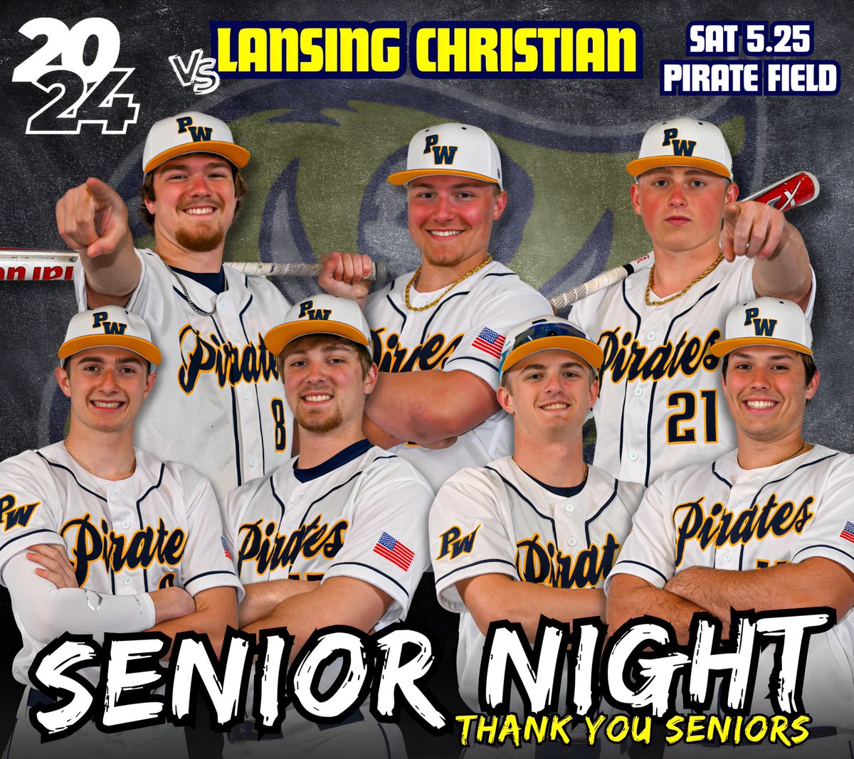 PWbaseball2's tweet photo. It’s Senior Night! Pirates wrap up the regular season with a double header 🆚 Lansing Christian. First pitch 10am &amp; noon! 🏴‍☠️⚾️ https://t.co/iYBuwJYfcv