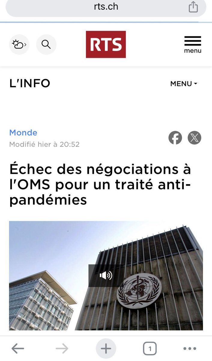 Excellente nouvelle. L’OMS n’a pas réussi a faire passer le traité sur les pandémies lui donnant un pouvoir supranational. Selon RTS, c’est dû à la resistance sur les réseaux sociaux. Bravo à tous ceux qui l’ont combattu ! rts.ch/info/monde/202… (Ils vont tenter de prolonger les