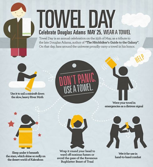 Pozor! Dnes je ručník povinnou cestovní výbavou... 🚀🪐

Na Světě knihy vám dnes poskytneme slevu 42% na knihy Douglase Adamse, pokud k nám přijdete v ručníku. Těm, kdo přijdou POUZE v ručníku, poskytneme na knihy Douglase Adamse rovnou 80% slevu!