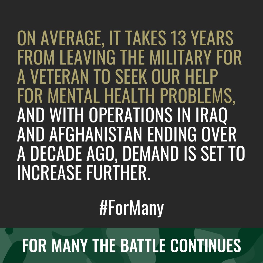 CombatStress's tweet photo. Veterans who served in the Afghanistan or Iraq conflicts make up the largest number of those being helped by us for complex mental health conditions such as PTSD.
Click here to find out how you can help us continue our vital work: https://t.co/b80FxtKcdK
#ForMany https://t.co/SiwqY731Di