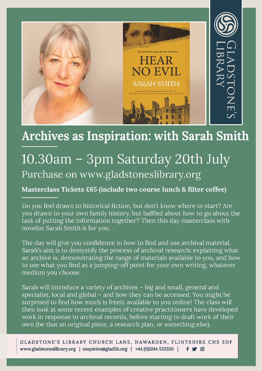 At the time of writing, there is only one space left for Archives as Inspiration: a Day with Novelist Sarah Smith on Saturday 20th July, 10.30am – 3pm.  Tickets available buff.ly/3U73MZm Masterclass tickets are £65 (inc two course lunch & tea or filter coffee)