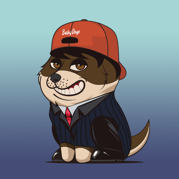 A baby doge NFT with baller fur and punk bored eyes sits on a blue-purple background wearing business clothing and a red hat headwear. Despite its serious appearance, it has an angel mouth that brings joy to those around it.