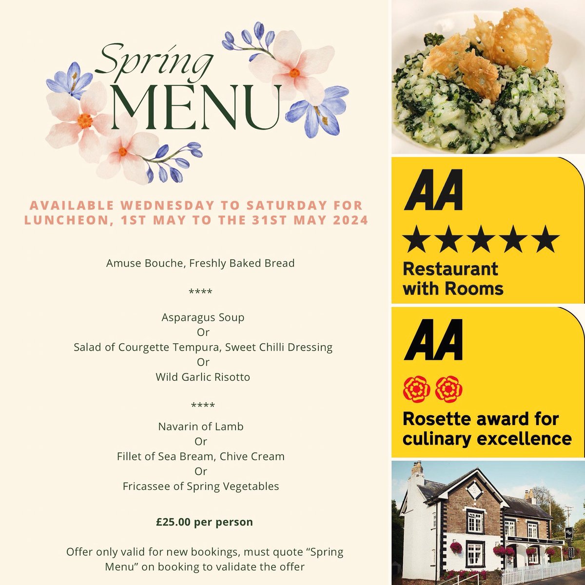Enjoy our fresh, delicious Spring Menu for a lunch in the countryside. Two courses for £25 available until May 31st 👉 18-61.co.uk/dine/

#Saturdays #may #foodie #Wales
