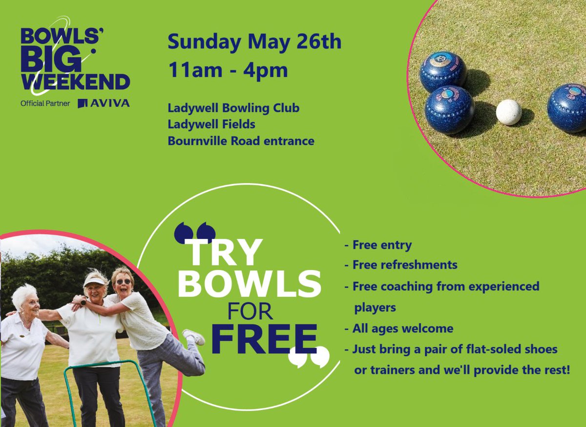 ICYMI - Come to our Open Day this Sunday and have a go at #bowls for free. Just get your trainers on and come down to the green in #Ladywell Fields, near the Bourneville Road entrance in #Catford, and pick up some tips from our experienced members. #BowlsBigWeekend