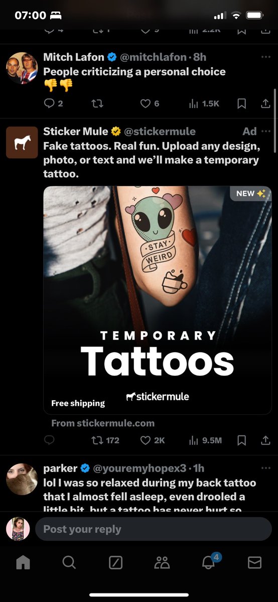 WildAllyson's tweet photo. @Infinitely91825 @mitchlafon @travisbarker Not there being a temp tattoo add under their tweet 😅🤣💀 https://t.co/mz5jZh0nN4