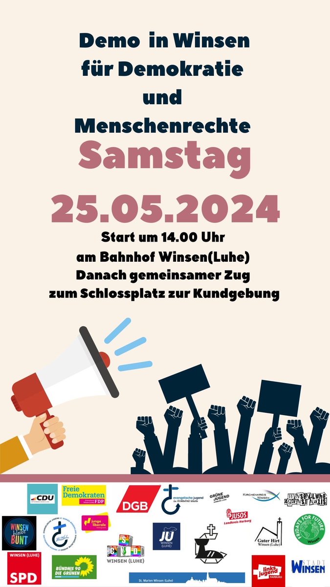 #SAVETHEDATE #Winsen 25.05.24 von 14 Uhr

Demo für Demokratie und Menschenrechte 

Bahnhof Winsen zum Schlossplatz

#WirSindDieBrandmauer #NieWiederIstJetzt #LautGegenRechts #SeiEinMensch #NoAfD