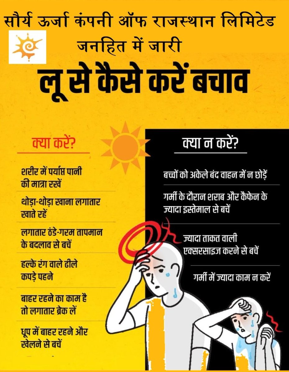 UrjaOf's tweet photo. Issued in public interest by Saurya Urja. How to protect yourself from heat stroke 
Heatstroke can be fatal. To protect yourself from heatstroke/heatwave in the scorching heat, try as much as possible not to go out of the house or work place between 12 noon to 4 pm.#Heatstroke https://t.co/GBSC8sOKhK