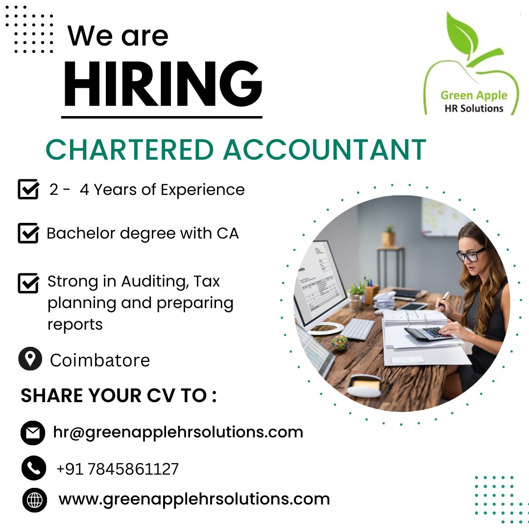 We are looking for an aspiring chartered accountant candidate with a minimum of 2 - 4 years experience in a CA job role.

Interested Candidates can share your profile to hr@greenapplehrsolutions.com or Reach @7845861127
#greenapplehrsolutions #hragency #recruitmentagency
