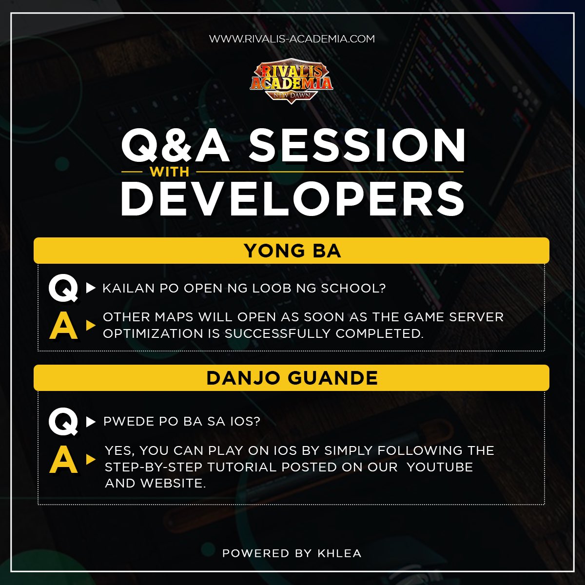 rivalisacademia's tweet image. Ready for the 3rd Q&amp;amp;A sesh with the Devs? 🤗

If so, let's uncover this week's most crucial questions together. 💬

𝐃𝐨𝐰𝐧𝐥𝐨𝐚𝐝 𝐥𝐢𝐧𝐤: patcher-rivalisacademia.com
𝐢𝐎𝐒 𝐢𝐧𝐬𝐭𝐚𝐥𝐥𝐚𝐭𝐢𝐨𝐧 𝐠𝐮𝐢𝐝𝐞: youtube.com/watch?v=Fretxq…

#QandASession #AlphaTesting #RivalisAcademia