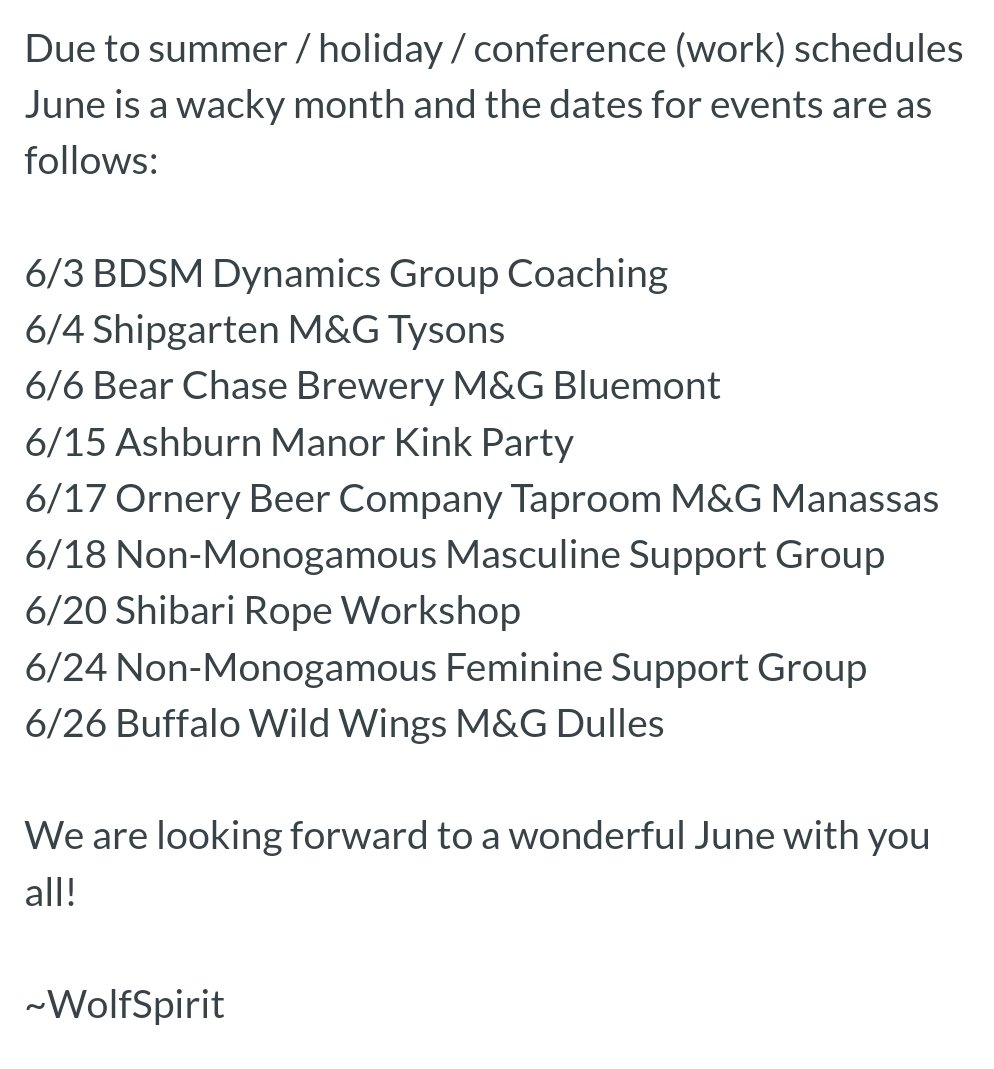 wolfspiritdc's tweet photo. Due to summer / holiday / conference (work) schedules June is a wacky month and the dates for events are as follows:

(See photo attachment)

We are looking forward to a wonderful June with you all! 

~WolfSpirit 

More information available at https://t.co/Df2h2XAiuH https://t.co/ocjHRMn1zF