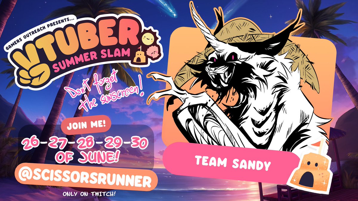 Hey sog-champs!!!
I'm ready to announce that one month from now I'll once again take part in @GamersOutreach 's

🪸🐚✨VTUBER SUMMER SLAM✨🐚🪸

There's gonna be games!
There's gonna be challenges!
There's gonna be fun goals and incentives!
Stay tuned for more ~
#vtuberss2024